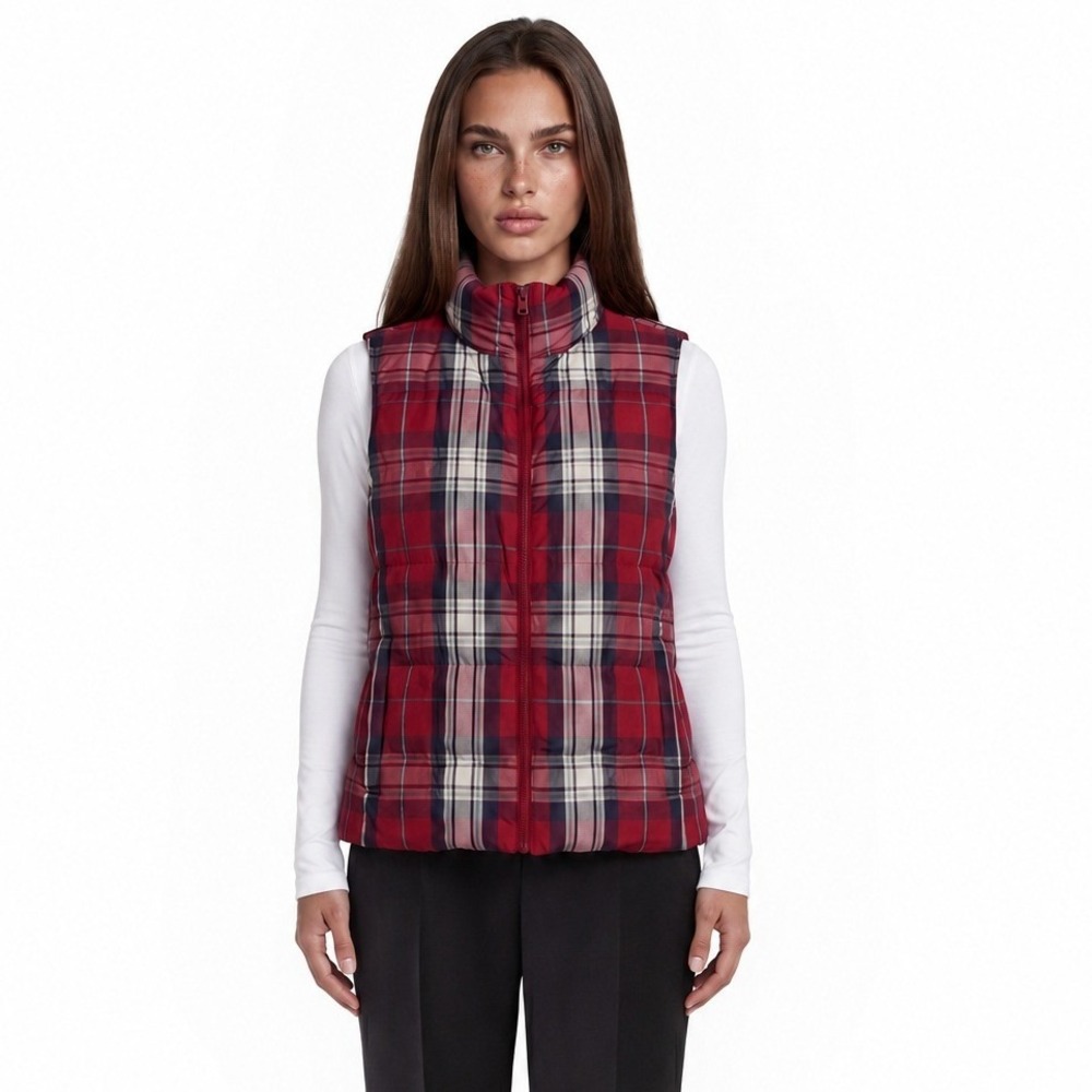 Lands' End Plaid Down Puffer Vest Womens Size MP Medium Petite 10 12 Red Quilted